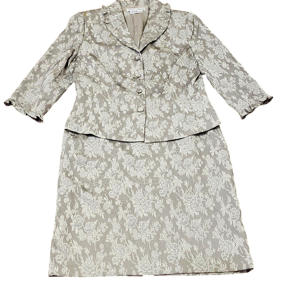 Maggy London Skirt Suit Womens 12 16 Silver Floral Jacquard 2 Piece Formal